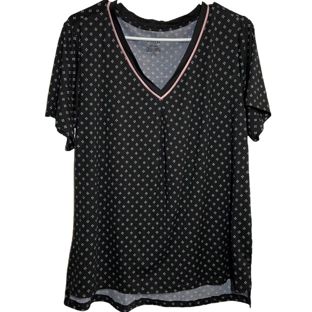 Flora Nikrooz Pajama Shirt Short Sleeve V-Neck Hi-Lo Hem Printed Black Large